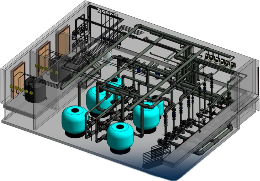 Diseño 3D de cuarto de bombas con filtros y redes hidráulicas